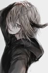  arm_up bangs black_hoodie blood blood_on_face bloody_hands commentary_request eyebrows_visible_through_hair grey_background grey_eyes grey_hair hair_between_eyes hand_on_own_head hasunokaeru highres hood hood_down hoodie horns long_hair looking_at_viewer looking_to_the_side original simple_background solo 