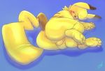  2016 anthro anus backsack balls bulge butt claws digital_drawing_(artwork) digital_media_(artwork) evilchu eyewear glasses hi_res hindpaw looking_at_viewer male mammal maochu nintendo nude paws pikachu pok&eacute;mon pok&eacute;mon_(species) presenting presenting_hindquarters red_eyes rodent rubber shiny simple_background slightly_chubby solo stormdragonblue video_games yellow_balls 