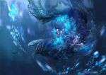  air_bubble blue bubble coral fantasy highres monster ocean open_mouth original scuba_gear sh!ba swimming underwater 