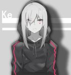  &gt;:( bad_id bad_pixiv_id bangs black_hoodie closed_eyes collarbone commentary_request drawstring eyebrows_visible_through_hair facial_mark grey_eyes hair_over_one_eye highres hood hood_up long_hair long_sleeves looking_at_viewer meng_ge_3_(565571710) original silver_hair solo v-shaped_eyebrows 