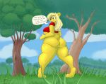  2018 anthro bear big_breasts blonde_hair bottomless breasts butt clothed clothing crossgender dialogue disney female forest hair long_hair mammal open_mouth pooh_bear shirt slightly_chubby solo standing surprise tgwonder tree unseen_character winnie_the_pooh_(franchise) 