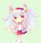  :o animal_ears azur_lane bangs bare_shoulders blush bunny_ears camisole chibi commentary_request eyebrows_visible_through_hair full_body green_background grey_footwear hair_between_eyes hair_ornament hairband jacket kouu_hiyoyo laffey_(azur_lane) long_hair long_sleeves off_shoulder parted_lips pink_jacket pleated_skirt red_eyes red_hairband red_skirt silver_hair skirt solo standing thighhighs twintails twitter_username very_long_hair white_camisole white_legwear wide_sleeves 
