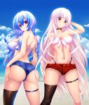  ass ass_visible_through_thighs back bare_arms bare_shoulders beach bikini_top black_legwear blue_hair blue_shorts blue_sky breasts choker cleavage closed_mouth cloud day from_behind front-tie_bikini front-tie_top fujiwara_no_mokou grin hand_on_hip head_tilt highleg highleg_panties hijikawa_arashi kamishirasawa_keine large_breasts legs_apart long_hair looking_at_viewer looking_back medium_breasts multicolored_hair multiple_girls navel outdoors panties red_eyes red_shorts short_shorts shorts single_thighhigh skindentation sky smile standing strapless strapless_bikini summer swimsuit teeth thigh_strap thighhighs touhou underwear wavy_hair white_bikini_top white_hair 