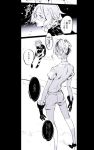  androgynous antarcticite antenna_(draconian) black_gloves comic crystal_hair gem_uniform_(houseki_no_kuni) gloves greyscale houseki_no_kuni monochrome multiple_others necktie phosphophyllite short_hair short_sleeves shorts sitting smile snow striped striped_legwear translated white_hair 