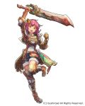  arm_up belt blue_shorts bracer brown_footwear brown_gloves clenched_hand dress elbow_pads full_body geetgeet gloves granadia_saga greaves hair_ornament holding holding_sword holding_weapon looking_at_viewer medium_hair official_art pink_hair red_eyes shorts sidelocks solo standing standing_on_one_leg sword thighhighs watermark weapon 
