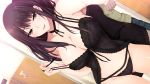  1girl ass_visible_through_thighs black_hair black_panties breasts brown_eyes choker cleavage cowboy_shot dressing_room dutch_angle eyebrows_visible_through_hair front-tie_top game_cg iizuki_tasuku indoors kisaragi_maaya large_breasts lingerie long_hair naughty_face negligee onee-chan_no_yuuwaku panties parted_lips reflection ribbon_choker seductive_smile smile solo_focus string_panties underwear 