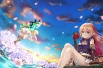  absurdres apple arisa_(shadowverse) bangs bare_legs barefoot black_shirt blonde_hair blue_eyes blue_sky blurry blurry_foreground blush boots_removed brown_footwear brown_gloves cherry_blossoms cloud commentary_request day depth_of_field dress elbow_gloves eyebrows_visible_through_hair fairy fairy_wings flower food fruit gloves green_eyes hair_between_eyes hair_ribbon high_heels highres holding holding_food long_hair low_twintails multiple_girls outdoors petals pleated_skirt purple_flower red_apple red_ribbon ribbon shadowverse shirt sidelocks skirt sky sleeveless sleeveless_shirt spring_(season) toenails tree twintails very_long_hair water white_dress white_skirt wings yuririn_poi 