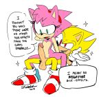  2018 amy_rose anthro balls clothing duo erection featureless_chest female footwear fur hedgehog male mammal penis pink_fur pussy shoes simple_background skinbark sonic_(series) sonic_the_hedgehog super_sonic white_background yellow_fur 