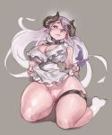  bangs bow breasts cleavage commentary detached_collar draph dress dress_lift english_commentary eyebrows_visible_through_hair granblue_fantasy hair_bow hair_ornament hairclip highres horns kneeling large_breasts lavender_hair long_hair narmaya_(granblue_fantasy) no_panties no_shoes norasuko pink_skin pointy_ears purple_eyes pussy short_eyebrows sketch socks solo swept_bangs thick_thighs thigh_strap thighs uncensored 