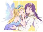  ^_^ bang_dream! blonde_hair blue_dress boutonniere cape closed_eyes dress face-to-face fairy_wings formal hands_together head_wreath long_hair long_sleeves low_ponytail multiple_girls open_mouth parted_lips purple_hair re_ghotion red_eyes seta_kaoru shawl shirasagi_chisato smile sparkle suit white_cape white_suit wings yuri 