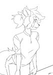  2018 anthro black_and_white canine clothed clothing female fox hair_tie leaning leaning_forward looking_away mammal monochrome panzery25 ponytail signature simple_background solo standing white_background 