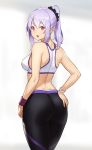  ass bangs bare_shoulders from_behind gradient gradient_background hand_on_hip houtengeki lavender_hair long_hair looking_at_viewer looking_back midriff open_mouth original pants pointy_ears ponytail purple_eyes sidelocks simple_background sleeveless smile solo sports_bra wristband yoga_pants 