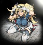  bangs belt belt_buckle bitchcraft123 black_legwear blonde_hair blue_eyes blue_shirt boots breast_pocket buckle buttons collared_shirt commentary_request covering_head crying crying_with_eyes_open dress_shirt eyebrows eyebrows_visible_through_hair gambier_bay_(kantai_collection) gloves hair_between_eyes hairband hand_on_own_head kantai_collection legs_apart long_hair number open_mouth platform_footwear pocket scared shirt shorts sitting solo tears teeth thigh_boots thighhighs tongue twintails wariza white_footwear white_gloves 
