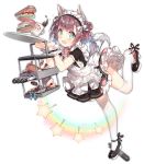  animal_ears apron azur_lane bangs black_dress black_footwear blue_bow blush bow bowtie bright_pupils brown_hair cake cherry cookie cup cupcake double_bun dress eyebrows eyebrows_visible_through_hair eyes_visible_through_hair fingernails flying_sweatdrops food frilled_dress frills fruit full_body green_eyes hands_up holding holding_plate jar leg_up lettuce maid maid_apron maid_headdress mug mustard official_art open_mouth pink_bow pink_neckwear plate platform_footwear puffy_short_sleeves puffy_sleeves rainbow sandwich saru shiratsuyu_(azur_lane) shoe_dangle shoes short_hair short_sleeves solo sparkle spilling star tachi-e tail tareme thighhighs tomato torpedo transparent_background tripping white_apron white_bow white_legwear wolf_ears wolf_tail wristband yuudachi_(azur_lane) zettai_ryouiki 