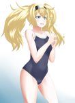  30-06 black_swimsuit blonde_hair blue_eyes clenched_hand competition_school_swimsuit covered_navel cowboy_shot gambier_bay_(kantai_collection) gradient gradient_background hairband highres kantai_collection long_hair one-piece_swimsuit open_mouth school_swimsuit solo swimsuit twintails white_background 