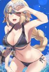  ;d arm_up armpits ass_visible_through_thighs bangs bikini black_bikini black_bow black_ribbon blonde_hair blue_eyes blue_sky blush bow braid breasts cleavage collarbone cowboy_shot day eyebrows_visible_through_hair fate/apocrypha fate_(series) front-tie_bikini front-tie_top hair_bow hand_on_forehead highres jeanne_d'arc_(fate) jeanne_d'arc_(fate)_(all) kazami_chiu large_breasts leaning_forward lens_flare long_hair looking_at_viewer navel ocean one_eye_closed open_mouth outdoors ribbon round_teeth shaded_face shadow side-tie_bikini single_braid sky smile solo splashing standing stomach sunlight swimsuit teeth very_long_hair water 
