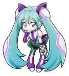  bangs black_legwear black_skirt blush boots closed_mouth commentary_request elbow_gloves eyebrows_visible_through_hair full_body gloves green_eyes green_hair hair_between_eyes hair_ornament hatsune_miku_(shinkalion) knee_boots leotard long_hair looking_at_viewer mameshiba necktie purple_footwear purple_gloves purple_neckwear shinkansen_henkei_robo_shinkalion simple_background skirt smile solo standing thighhighs twintails very_long_hair white_background 