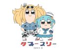  :3 arms_behind_back bangs belt belt_buckle bkub_(style) blonde_hair blue_eyes blue_hair blue_neckwear blue_sailor_collar blue_shirt blue_skirt breast_pocket buckle buttons closed_mouth collared_shirt dixie_cup_hat double_bun enjaku_izuku eyebrows eyebrows_visible_through_hair full_body gambier_bay_(kantai_collection) grey_eyes hairband hat highres horizontal_stripes kantai_collection legs_apart long_sleeves looking_at_viewer military_hat miniskirt multiple_girls neckerchief parody pleated_skirt pocket poptepipic red_footwear rudder_shoes sailor_collar samuel_b._roberts_(kantai_collection) school_uniform serafuku shirt short_hair short_sleeves shorts simple_background single_tear skirt standing star striped style_parody tears twintails whale white_background white_hat 