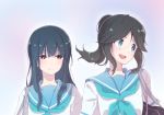  :d aqua_neckwear bag bangs black_hair blue_eyes blue_hair blue_sailor_collar blush closed_mouth commentary_request gradient gradient_background hibike!_euphonium highlights kagawa_yuusaku kasaki_nozomi liz_to_aoi_tori long_hair looking_away looking_to_the_side multicolored_hair multiple_girls neckerchief open_mouth parted_bangs ponytail purple_eyes round_teeth sailor_collar school_bag school_uniform serafuku shirt sidelocks sideways_glance smile tareme teeth upper_body white_shirt yoroizuka_mizore 