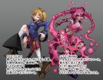  anchor blonde_hair boots breasts bubble character_profile cleavage double_bun elbow_gloves eyebrows_visible_through_hair fingerless_gloves gloves hair_ornament hairclip inward_v jacket mismatched_sclera monster_girl multicolored multicolored_clothes multiple_girls one_eye_closed open_mouth original pink_eyes pink_hair purple_sclera ray-k scrunchie side_ponytail skirt sleeveless tail translation_request yellow_sclera 