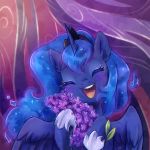  2018 abstract_background blue_feathers blush bouquet bust_portrait cosmic_hair crown cute equine eyebrows eyelashes eyes_closed feathered_wings feathers female feral flower friendship_is_magic hair happy holding_object hooves horn jumblehorse long_hair mammal my_little_pony nude open_mouth open_smile plant portrait princess_luna_(mlp) smile solo teeth tongue winged_unicorn wings 