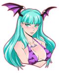  animal_print bangs bat_print bikini_top blush breasts commentary demon_girl eyebrows_visible_through_hair green_eyes green_hair head_wings iahfy jewelry lips long_hair medium_breasts morrigan_aensland necklace solo succubus upper_body vampire_(game) 