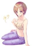  :d aiba_yumi aramachi bare_shoulders blush bra breasts brown_hair cleavage collarbone denim eyebrows_visible_through_hair floral_print flower full_body hand_on_own_chest hand_up highres idolmaster idolmaster_cinderella_girls jeans looking_at_viewer medium_breasts navel no_shoes open_mouth pants pink_legwear print_bra purple_eyes shiny shiny_hair short_hair simple_background sitting smile socks solo stomach tareme underwear white_background yellow_bra yellow_flower yokozuwari 