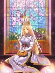  bad_id bad_pixiv_id bangs black_legwear blonde_hair boots breasts cherry_blossoms closed_eyes closed_mouth commentary crown dress eris_(shadowverse) fawn highres juliet_sleeves large_breasts long_dress long_hair long_sleeves mosaic pantyhose puffy_sleeves purple_dress shadowverse sitting smile solo throtem 