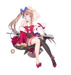  bare_shoulders bell black_legwear blue_bow blue_eyes blush bow breasts brown_hair closed_mouth eyebrows_visible_through_hair fal_(girls_frontline) girls_frontline gun hair_bell hair_bow hair_ornament high_heels large_breasts looking_at_viewer ponytail santa_costume sitting suisai thighhighs weapon 