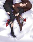  absurdres bed_sheet black_footwear bodystocking character_request covered_navel high_heels highres leg_between_thighs legs lower_body lying multiple_girls no_pants no_shoes on_side red_footwear rudder_shoes shoes single_shoe thighs toes torn_clothes ze_(wzfnn001) zhan_jian_shao_nyu 