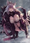  agrius_metamorphosis animal_ears atalanta_(alter)_(fate) atalanta_(fate) breasts cat_ears cleavage clenched_teeth collared_dress commentary fate/grand_order fate_(series) fur fur_trim green_eyes hair_ribbon highres long_hair looking_to_the_side medium_breasts navel plaster_(2501) ribbon silver_hair solo squatting tail teeth white_ribbon 