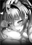  1girl blush breasts cleavage eyebrows_visible_through_hair greyscale hair_between_eyes hair_intakes hair_ornament hand_on_another's_head heart highres licking long_hair medium_breasts monochrome naruse_mio nipple_licking novel_illustration official_art ookuma_(nitroplus) resized shinmai_maou_no_testament upscaled 