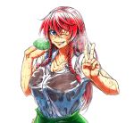  blue_eyes braid commentary_request green_vest hong_meiling koyubi_(littlefinger1988) one_eye_closed red_hair scar see-through shirt simple_background smile sweat touhou twin_braids v vest wet wet_clothes wet_shirt white_background white_shirt 