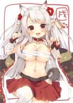  :d animal_ears asa_(swallowtail) azur_lane bandaged_arm bandages bangs black_kimono blush breasts bridal_gauntlets budget_sarashi claw_pose cleavage collarbone commentary_request eyebrows_visible_through_hair fang fingernails flower hair_flower hair_ornament hands_up head_tilt heart japanese_clothes kimono large_breasts long_fingernails long_hair looking_at_viewer nail_polish navel open_clothes open_kimono open_mouth panties pleated_skirt print_kimono red_collar red_eyes red_flower red_nails red_skirt sarashi side-tie_panties signature silver_hair skirt smile solo tail thick_eyebrows thighhighs underwear very_long_hair white_flower white_legwear white_panties wolf_ears wolf_girl wolf_tail yuudachi_(azur_lane) 