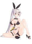  animal_ears bare_legs blush breasts brown_hair bunny_ears cleavage closed_mouth eyebrows_visible_through_hair fake_animal_ears five-seven_(girls_frontline) girls_frontline grey_hair gun hairband high_heels holding holding_gun holding_weapon large_breasts long_hair looking_at_viewer navel ponytail sitting solo suisai very_long_hair weapon 