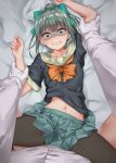  1girl absurdres admiral_(kantai_collection) bangs bed_sheet black_legwear bow brown_eyes collarbone commentary constricted_pupils crying crying_with_eyes_open eyebrows_visible_through_hair gloves green_bow green_hair green_skirt hair_bow highres implied_rape implied_sex jaku_denpa kantai_collection long_hair long_sleeves midriff navel orange_neckwear pantyhose ponytail ribbon scared school_uniform serafuku shirt shirt_pull short_sleeves skirt stomach tears thighs white_gloves white_shirt yuubari_(kantai_collection) 