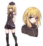  adapted_costume alternate_hair_length alternate_hairstyle amagi_(amagi626) arm_garter arms_behind_back bare_arms bare_shoulders black_footwear black_hat black_jacket black_legwear black_shirt black_shorts blush boots breasts closed_mouth commentary_request crescent cropped_torso earrings eyebrows_visible_through_hair feet_out_of_frame frilled_shirt_collar frills hat highres jacket jewelry long_hair looking_at_viewer lunasa_prismriver multiple_views no_hat no_headwear shirt short_shorts shorts simple_background sleeveless sleeveless_shirt small_breasts smile standing thighhighs touhou white_background 