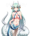  aqua_hair bare_shoulders blush breasts collarbone commentary cowfee dragon_horns english_commentary eyebrows_visible_through_hair eyes_visible_through_hair fate/grand_order fate_(series) groin highres horns kiyohime_(fate/grand_order) lamia long_hair looking_at_viewer medium_breasts monster_girl monsterification navel pelvic_curtain pointy_ears simple_background smile solo very_long_hair white_background yellow_eyes 