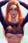  1girl arms_behind_head barbara_gordon batgirl batman_(series) breasts copyright_name dc_comics freckles green_eyes looking_at_viewer orange_hair prywinko red_hair simple_background 