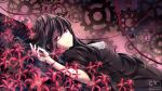  black_hair chinese_clothes long_hair necklace possible_duplicate purple_eyes red_flowers tears water 
