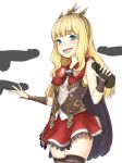  :d aqua_eyes bangs black_cape black_legwear blonde_hair blunt_bangs blush bow cagliostro_(granblue_fantasy) cape cowboy_shot cum cum_on_clothes disembodied_penis double_handjob facial granblue_fantasy hairband handjob long_hair looking_at_viewer moshi_(atelier33-4) multiple_penises open_mouth penis red_bow red_skirt simple_background skirt sleeveless smile thighhighs troll_face vambraces white_background zettai_ryouiki 