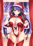  alternate_costume bell_earrings blue_eyes breasts capelet christmas cleavage commentary_request curtains earrings fate/grand_order fate_(series) fur-trimmed_capelet fur-trimmed_gloves fur-trimmed_leotard fur_trim gloves hair_ribbon hand_on_hip hat jewelry kanki_(kibunhasaikou) large_breasts leotard light_blush light_smile long_hair navel purple_hair red_capelet red_gloves red_legwear red_leotard ribbon sack saint_martha santa_costume santa_hat smug solo thigh_gap thighhighs window 