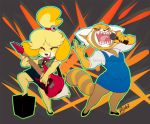  2018 aggressive_retsuko animal_crossing anthro buxbi canine claws clothed clothing crossover digital_media_(artwork) dog electric_guitar eyes_closed female footwear guitar holding_object isabelle_(animal_crossing) mammal microphone musical_instrument nintendo open_mouth red_panda retsuko sanrio sharp_teeth shih_tzu solo teeth tongue video_games 