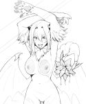  animal_humanoid areola big_areola big_breasts breasts dripping drooling female hi_res humanoid hybrid less line_art manticore monochrome saliva solo tongue tongue_out wings 