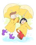  1girl akusyu arm_up black_hair blush_stickers boots brown_hair chibi_maruko-chan hanawa_kazuhiko holding holding_umbrella looking_at_another open_mouth puddle purple_footwear raincoat red_footwear rubber_boots sakura_momoko short_hair smile solid_circle_eyes umbrella 