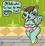  animal_crossing bedroom_eyes blush breasts cleavage clothed clothing female hair half-closed_eyes klutzatdusk mammal mint_(animal_crossing) nintendo rodent seductive short_stack squirrel text video_games wide_hips 