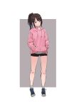  absurdres bad_id bad_pixiv_id black_footwear black_shorts closed_mouth drawstring full_body grey_legwear hands_in_pocket head_tilt highres hood hood_down hooded_sweater legs_apart long_hair long_sleeves nekojira original pink_sweater ponytail shoes short_shorts shorts sidelocks smile socks solo standing sweater two-tone_background 