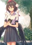  bird_wings black_hair black_skirt blurry book breasts bush cowboy_shot day depth_of_field feathered_wings hair_between_eyes hands_together hat head_tilt holding holding_book looking_to_the_side notebook outdoors pen pleated_skirt pom_pom_(clothes) red_eyes roke_(taikodon) shameimaru_aya shirt short_hair short_sleeves sideways_glance skirt small_breasts smile solo standing stone_wall tokin_hat touhou tree wall white_shirt wings 