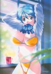  2000 artist_name blue_eyes blue_skirt blurry bra breasts clothes_writing cowboy_shot cup dated depth_of_field green_(game) highres hirose_mariko indoors large_breasts looking_at_viewer mouth_hold navel no_pants open_clothes open_shirt panties short_hair skirt solo taki_minashika underwear window yellow_bra yellow_panties 