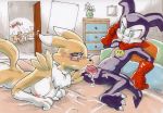  anthro ass_to_mouth balls bed clothing cub cum cum_in_mouth cum_inside daigaijin digimon fellatio female gloves humanoid humanoid_on_anthro imp impmon lying male male/female nipples nude on_front oral renamon sex teenager young 